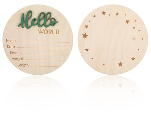 Nogeqi Meilensteinkarten Baby Holz Schild Doppelseitiger Hallo Welt Baby Holzschild Hello World Willkommensschild für Neugeborene, Rund Holz Geburtsanzeige für Schwangere Werdende Eltern