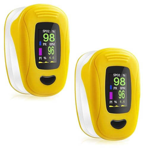 Tragbarer Finger Pulsoximeter für Fitness und Outdoor, Sauerstoffsättigung & Pulsrate Anzeige, OLED Bildschirm mit Batterien und Band (Gelb, 1 Stück) (2)