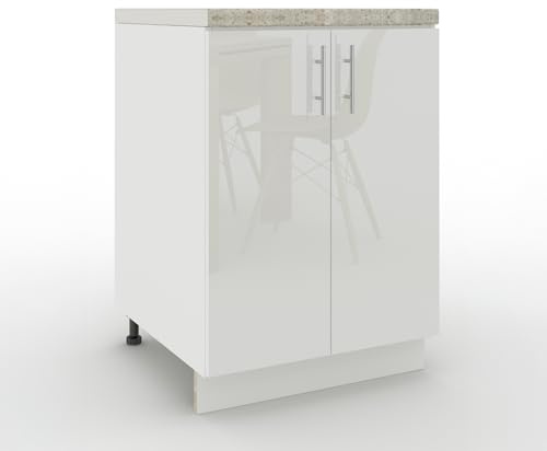 JD Greta Adjustable Kitchen Base Unit - 600mm - Base Cabinet with Doors & Worktop - White Gloss