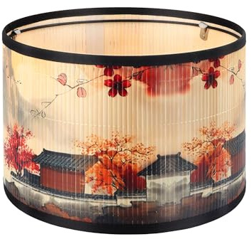 Bambus-Lampenschirm Trommelform mit Blumendruck - Leichter Klickverschluss für Tischlampe, Schlafzimmer & Wohnzimmer - Mittelgroß (Durchmesser 30cm) (Typ D)