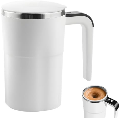 Wapasezyar Selbstrührende Tasse, 380 ml Selbstrührender Becher mit Temperaturanzeige, 304 Edelstahl Magnetische Elektrischer Shaker mit Henkel für Heisse Schokolade, Kaffee, Milch (Weiß, 380 ml)
