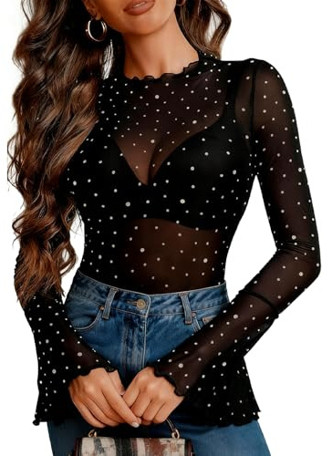 InfiniZer Women's Sexy Top - Black Long Sleeve Top with Rhinestones, Mesh See Through Bell Sleeve Blouse, Scalloped Edge Stand Collar Tops for Party Wear