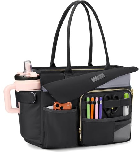 RAINSMORE Teacher Tote Bag for Women with Lunch Compartment 15.6 inch Laptop Bag Large Nurse Bag with Insulated Section Water-Resistant Lunch Bag Work Handbag for Office, College, Travel, Black