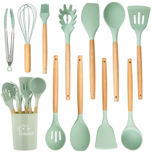 12 PCS Kitchen Utensil Set, Silicone Cooking Utensils Set with Wooden Handle, Best Kitchen Tools with Holder, Nonstick Cookware Tongs Spatula Spoon Set for Kitchen Gadgets Cooking