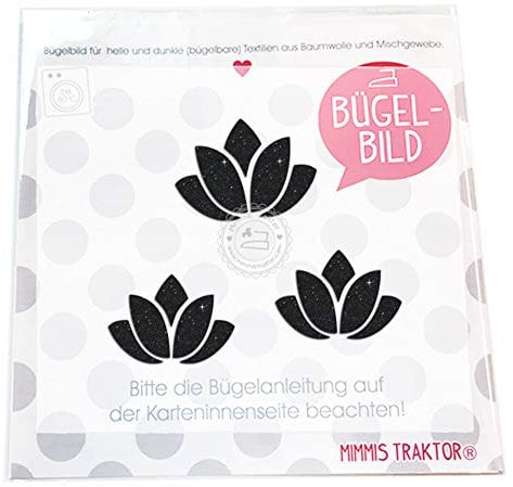 GLITZER Bügelbild 3 Stk Lotusblüten 4,5 cm Yoga Aufbügler Applikationen Bügelsticker für Stoffe Textilien Kinder zum Aufbügeln Flicken, Farbe:Glitzer schwarz