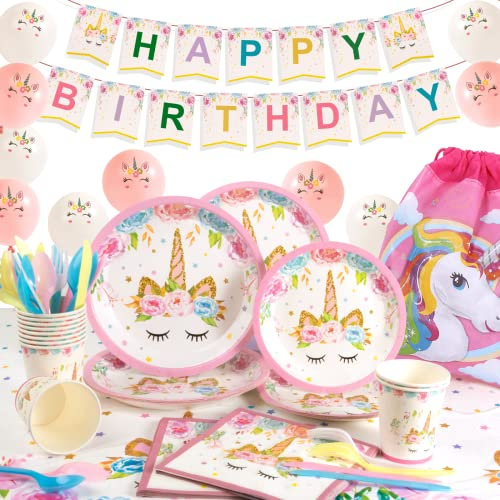 Yidaxing Geburtstagsdekoration Einhorn, 131 Teilig Geschirr Set, Einhorn Geburtstag Party Artikel Set Tischdecke für Kinder, Geburtstag, Mädchen, Weihnachten (16 Gäste)