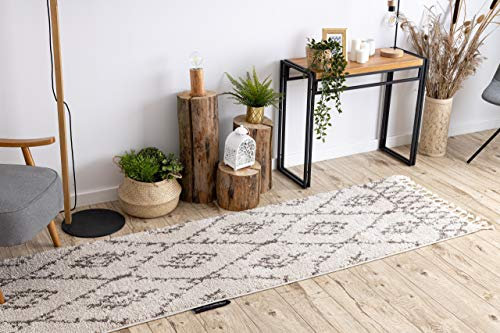 Läufer, Teppich Berber Shaggy, Franse, marokkanischer Stil, für die Küche, Halle, Korridor, FEZ Sahne Creme Ecru 60x250 cm