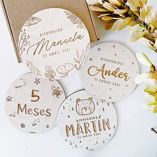 MONAMÍ - Placas Cumple Mes de bebé grabadas en Madera Personalizadas, Varios diseños a Elegir. Diseñado y producido en España