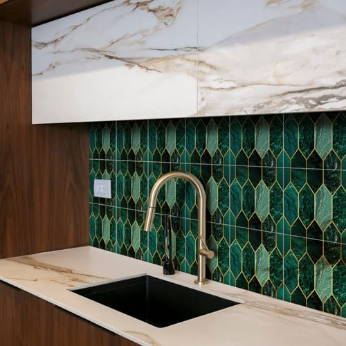 funlife Peel and Stick Wall Tiles, Stick on Tiles Self-Adhesive Square Tile Stickers, Water Resistant Art Deco Backsplash for Kitchen Bathroom, Holographic Emerald Green Tile(15x15cm-10pcs)