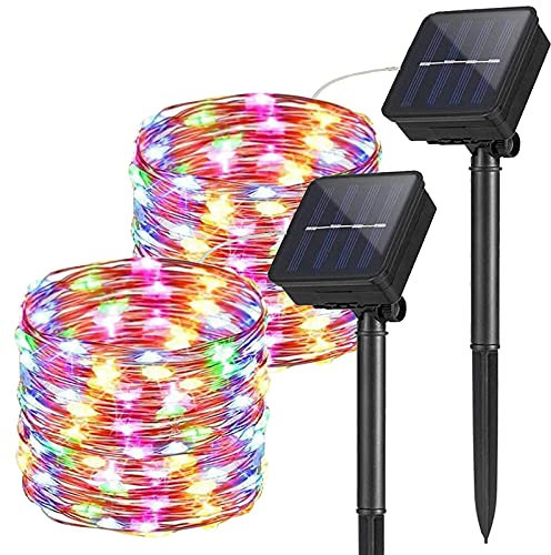 2 Stück Solar Lichterkette Außen, 10M 100 LEDs Aussen Lichterkette Kupferdraht Solarlichterkette, Wasserdicht Auto-ON-OFF Garten Lichterkette für Weihnachten Partys Hochzeiten Dekoration, Bunten