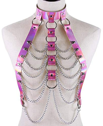 YUNHOME Taillenkette Chain Belt Bauchkette Körperkette Körperkette Harness Top Punk Frauen Holo Rainbow Taille Schmuck Festival Rave Outfit-Rosa