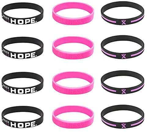 WANDIC Octobre Rose Lot de 12 Bracelet Rose de Sensibilisation au Cancer du Sein, 3 Styles Assortis, Bracelet en Silicone Rose, Noir, Bracelet pour la Sensibilisation au Cancer du Sein
