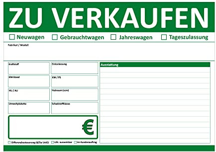 4WAY Verlag 10 Stück KFZ Auto Verkauffschilder grün DIN A4 ZU VERKAUFEN beidseitig bedruckt