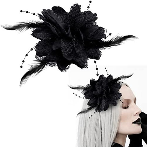 Wieat Barrette à cheveux en forme de rose noire pour femme, élégante broche florale noire en plumes et perles - Accessoire pour femme et fille - Pour mariage, bal de fin d'année