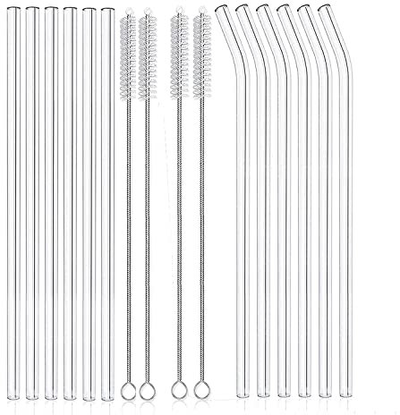 Wresetly 12 cannucce riutilizzabili in vetro trasparente infrangibili, 6 cannucce dritte e 6 curve con 4 spazzole per la pulizia