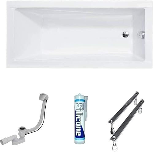 ECOLAM Baignoire rectangle acrylique Modern 140x70 cm | pieds siphon et silicone | vidage et trop-plein automatiques | baignoire en acylique blanc |