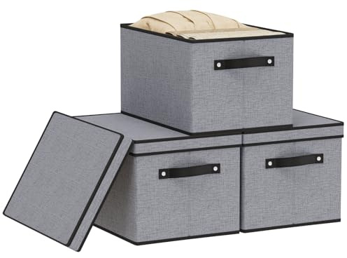 YheenLf Clothing Storage Bins, Blanket Baskets for Shelves, Fabric Cubes with Handles and Lids, Decorative Linen Closet Organizers Boxes, Gray, 3 Pack, 42×30×26cm