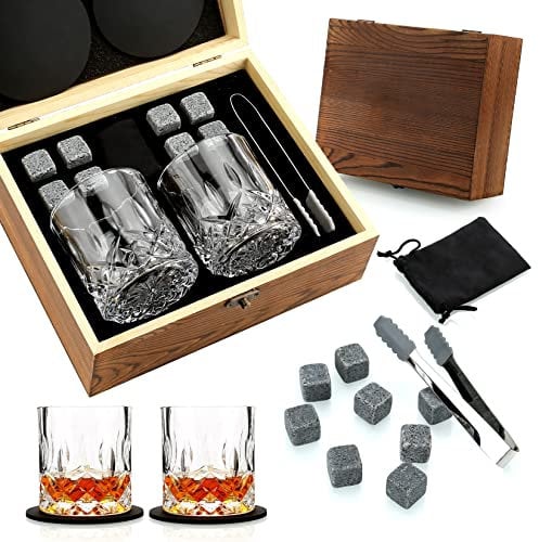 Sovyime Coffret Cadeau de 2 Verres à Whisky, Pierres à Whisky pour Homme, Coffret en Bois, Cadeau d'anniversaire pour Papa, Grand-père, Mari, Petit ami, Saint-Valentin, Fête des Pères