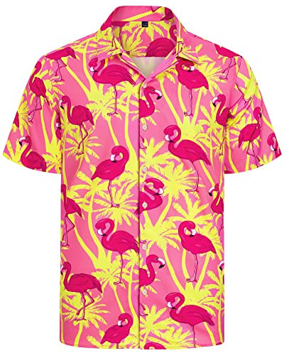 J.VER Mens Hawaiian Shit Shirt Short Sleeve Flamingo Ugly Party Beach Holiday Clubs Summer Casual Shirts Pink XL