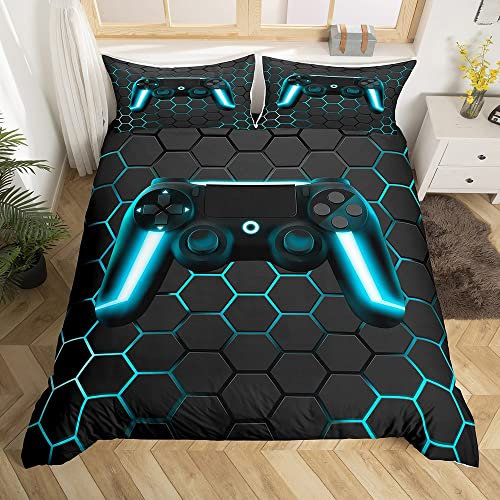 Ensembles de Literie Gamer 140x200 pour Garçons,Housse de Couette Gaming Enfants Housse Couette Jeux Vidéo,Parure de Lit Manette de Jeu Géométrique Nid D'Abeille pour La Chambre Des Adolescents