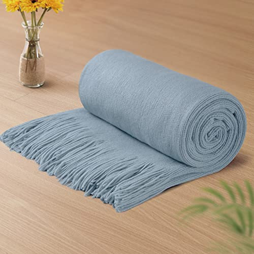 Vonty Hellblaue Strickdecke mit Quasten, Fransen, 152,4 x 203,2 cm, super weiche Strickdecke, Bauernhaus-dekorative leichte Decke für Couch, Sofa, Bett