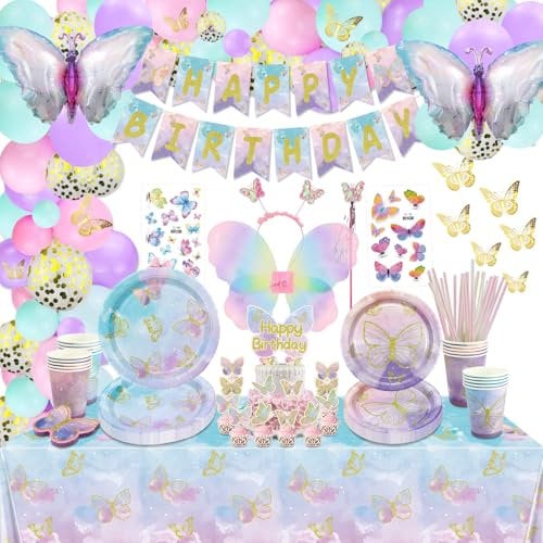 196 Pcs Schmetterling Party Dekorationen - Teller, Tischdecke, Luftballons, Banner, Schmetterling Aufkleber, Tassen, Schmetterling Flügel Set für Fee, Schmetterling Geburtstag Party Supplies