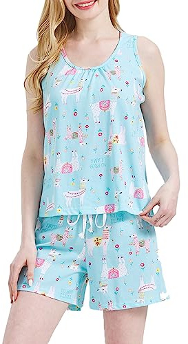 CHUNG Women's Short Pajama Set Cotton Tank Tee Top Pjs Shorts Cute Animals Print Summer Plus Size Blue Alpaca, 2XL