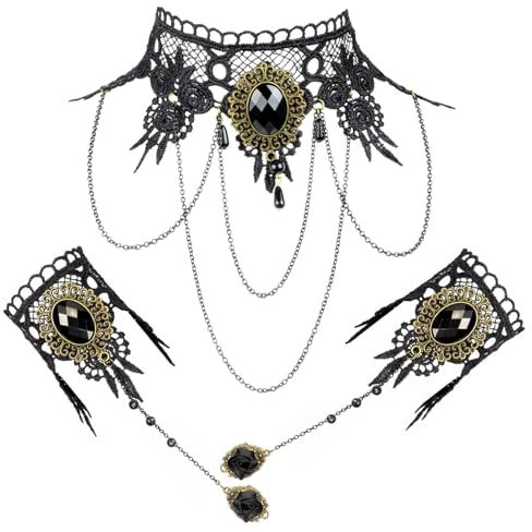 Becellen 3 Stück Karneval Schmuck Set, Gothic Spitze Choker Vintage Victorian Schwarz Armband für Rosenmontag und Cosplay