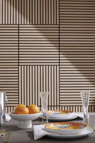 SOOMJ Vier Akustikholz-Wandfurnier-Lamellenpaneele – schalldichte Verkleidung, Wandpaneele für Innenwanddekoration, luxuriöse Holzfurnierplatte, 2,2 cm Tiefe (60 x 60 cm, natürliche Eiche – Holz)