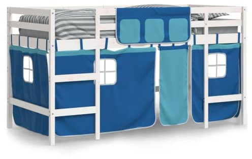 vidaXL Lit Mezzanine Enfants et Rideaux, Lit Surélevé pour Enfants avec Échelle, Meuble de Rangement Chambre, Moderne, Bleu 90x200 cm Bois Pin Massif