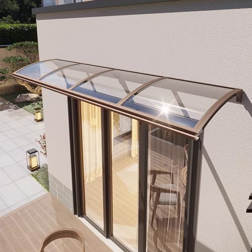 Vordach Überdachung Haustürvordach mit Regenrinne,Pavillion Türvordach Regenschutz Beständiger,Gebogene Fenster Markisen Aluminium Bügel und Transparente Platte Polycarbonat (150×130cm,Coffee)