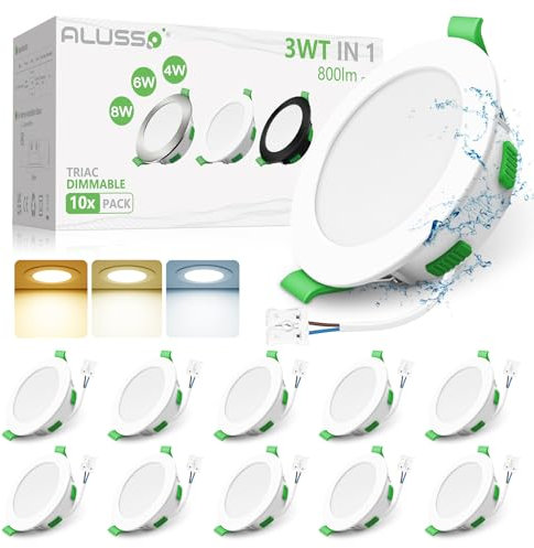 ALUSSO LED Einbaustrahler 230V Dimmbar Ultra Flach LED Spots 68mm 3WT 4W 6W 8W 3CCT 3000K 4000K 6500K IP44 Einbauleuchten Deckenspots Einbauspots für Badezimmer Küche Wohnzimmer, 10er Set