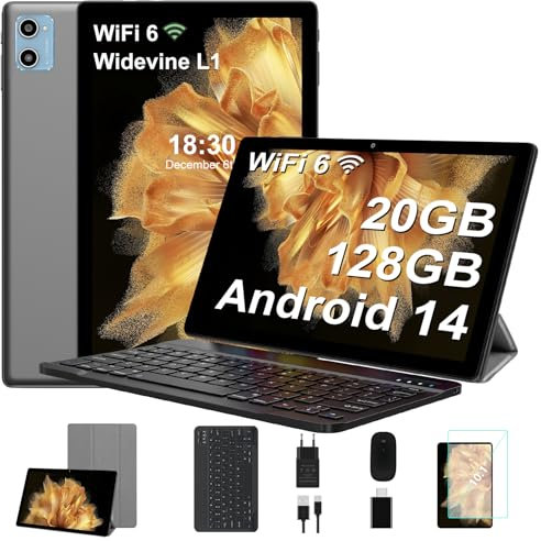 Tablette 2025 Nouvelle 10 Pouces Android 14 avec 20Go RAM 128Go ROM WiFi 6, 5G+2.4G WiFi, Octa-Core, GMS Certified, Widevine L1, Bluetooth 5.0, Tablette Tactile avec Clavier| Souris| Etui -Gris