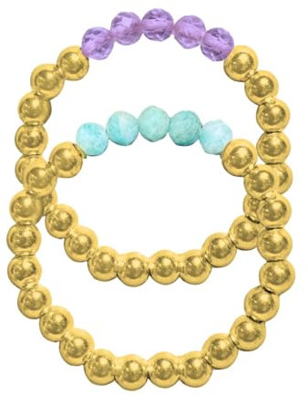 happymaker - Edelstein Ring Set, Amazonit und Amethyst mit vergoldeten Sterling Silber Perlen, Perlen auf elastischen Band aufgezogen, handmade mit schöner Verpackung