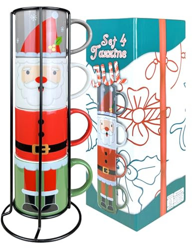 Set 4 Tazzine da caffè con Supporto Fantasia Natale in Porcellana New Bone Tazza Natalizia Idea Regalo Si Lavastoviglie Microonde - Dis1-BabboNatale