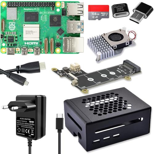 Raspberry Pi 5 8 GB PCIe M.2 NVMe - Kit | alloggiamento in metallo | Active Cooler | M.2 NVMe SSD PCIe Board | alimentatore USB-C 27 W | scheda SD da 64 GB | cavo micro HDMI 4K