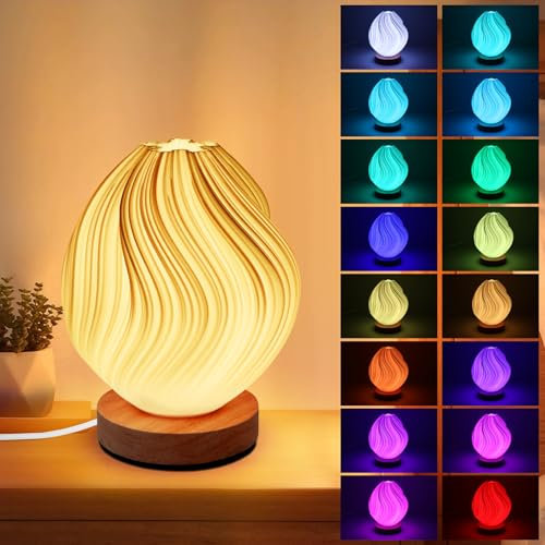 PZJFH Nachttischlampe mit Holzsockel, 3D-gedruckte Schreibtischlampe mit RGB16-Farbfernbedienung, Nachttischlampe mit Lampenschirm für Wohnzimmer, geeignet für Schlafzimmer, Nachttisch, Hochzeitsfeier