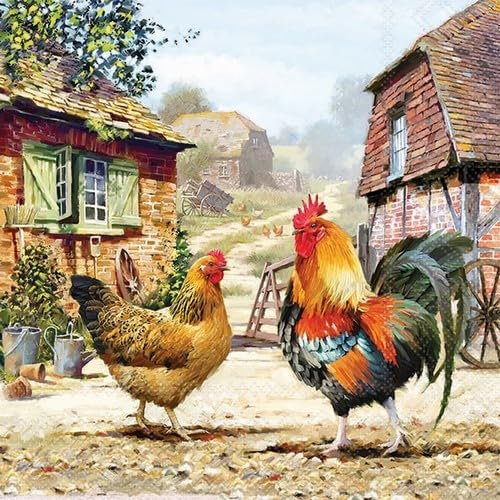 20 Servietten Tiere Hahn und Henne auf Bauernhof als Tischdeko. Papierservietten mit Motiv. Auch für Decoupage und Serviettentechnik 33x33cm