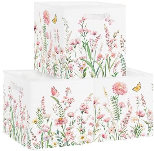 Clastyle 3 Stück Blume Aufbewahrungsbox Blatt Stoff Frauen Mädchen Aufbewahrungskorb mit Griffen Spielzeug Aufbewahrungswürfel Organizer für Bücher Kleidung, Rosa, 30x30x30 cm