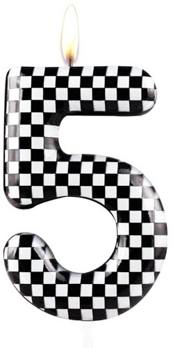 Zolunu Metallic Schwarz Weiß Kariert 5 Geburtstag Kuchen Kerze, Rennwagen Thematisch Geburtstag Kuchen Topper für Jungen Mädchen, Race Car Themed Party Dekorationen Zubehör