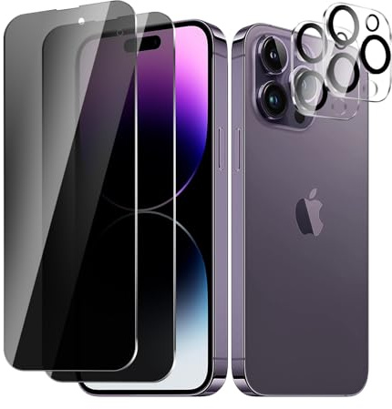 BIESHKJ 2+2 Stück Sichtschutzfolie für iPhone 14 Pro Max, Anti-Spy Panzer Schutz Glas + Kameraschutz, HD-Hartglasfolie, 9H-Härte, Kratzfest, Blasenfrei