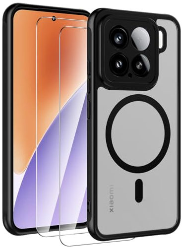 AOKUMA Xiaomi 15 5G Magnétique Coque pour MagSafe, avec 2 Verre Trempé, Étui Compatible Xiaomi Mi 15 5G Housse, Mat Translucide Anti-Rayures Arrière, [Sensation de Peau] [Anti-Choc]-Noir