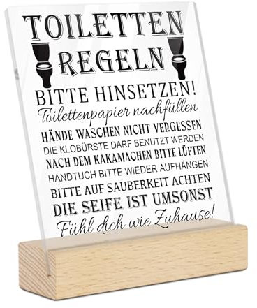 Putuo Decor Acrylschild mit Holzsockel – Toilettenregeln Schild – Lustige und praktische Badezimmerdekoration