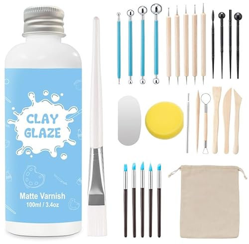 100ml air dry clay glaze und 29pcs modellierwerkzeug Werkzeug, ton glasur ohne brennen Schützt die Keramik vor Oberflächenverschleiß und kann zum Stippeln, Schnitzen, Gießen verwendet werden (Matt)