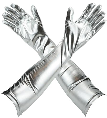 Miunpri Latex Lange Handschuhe für Frauen Männer,51cm/20in Damen Lange Lederhandschuhe Abendhandschuhe für Cosplay Party Clubwear Handschuhe (Silber, Unisex)