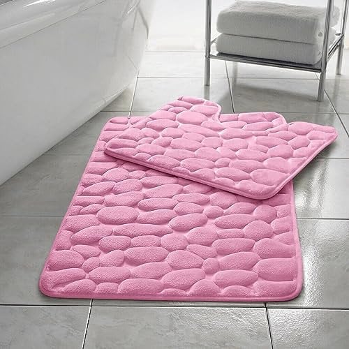 EXQUIZIT HOME Badematte, Memory-Schaum, Kieselstein, schnell trocknend, rutschfest, ultra-saugfähig, Badezimmerteppich, WC-Vorleger, WC-Vorleger, 2 Stück, Farbe: Blush Pink