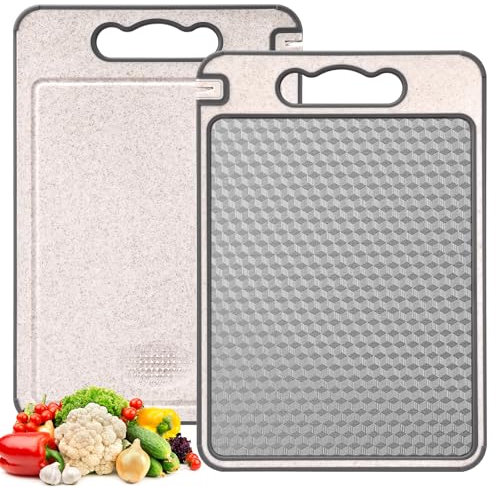 Tatxmalv Tabla de Cortar Cocina, Tabla de Cortar de Doble Cara 304 Acero Inoxidable+Paja de Trigo, Tablero de Corte Antibacteriano con Mango, Diseño de Resistente a Los Arañazos, 36.5 x 25 x 0.9 cm