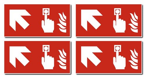 Aufkleber: 75x150 mm, 4 Stück - Brandmelder - Kombination mit Pfeil links schräg/aufwärts - Brandschutzzeichen - F005 - rot/weiß - DIN EN ISO 7010 / ASR A1.3