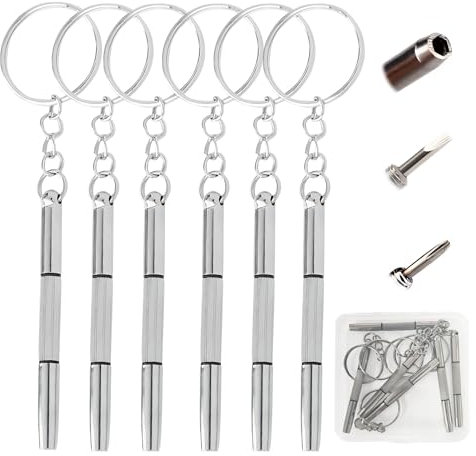 6 Piezas 3 en 1 Reparación para Gafas, Herramienta de Precisión Mini Destornillador para Gafas, Relojes, Gafas de Sol, Joyas, con Llaveros, Acero Inoxidable, Portátil, Resistente y Multifuncional