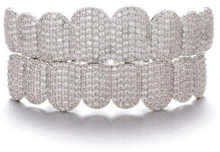 Bling Cubic Zircon Teeth Grills Set pour Unisexe Haut Bas Bouche Amovible Dentaire Or Argent Couleur Bijoux de Mode,Argent